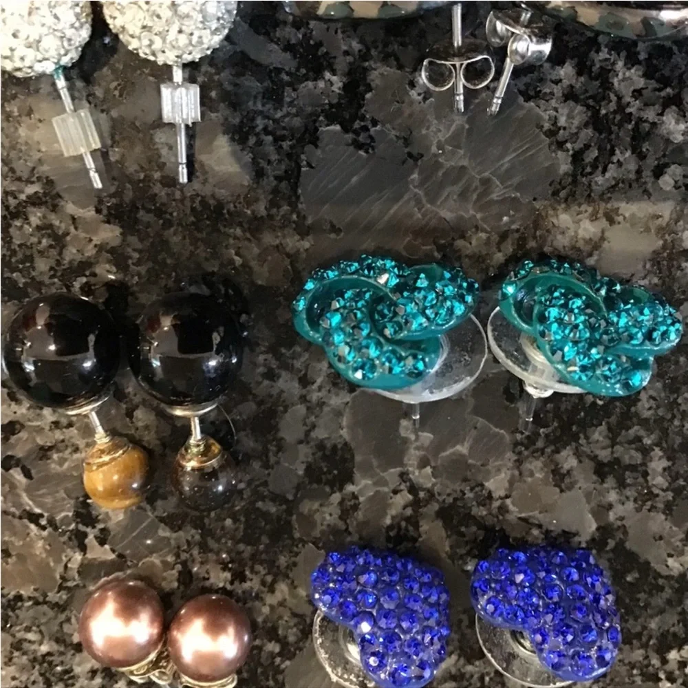 Costume Jewelry Set of 9 Women's Stud Earring Set - Black, Blue, Gold, Silver